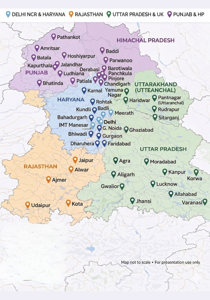 modern India map vector illustration showing Delhi NCR region highlighted with glowing markers clean minimal design blue orange accent